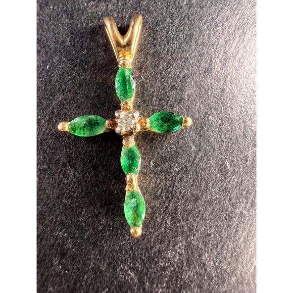 Vintage 14K Yellow Gold Emerald & Diamond Marquise Cross Pendant - Picture 1 of 16